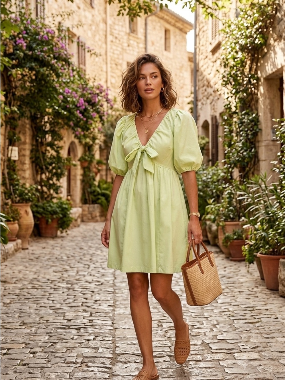 Abercrombie & Fitch Light Green Puff Sleeve Poplin Tie-Front Mini Dress Size ST